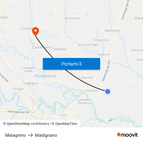 Malagnino to Madignano map