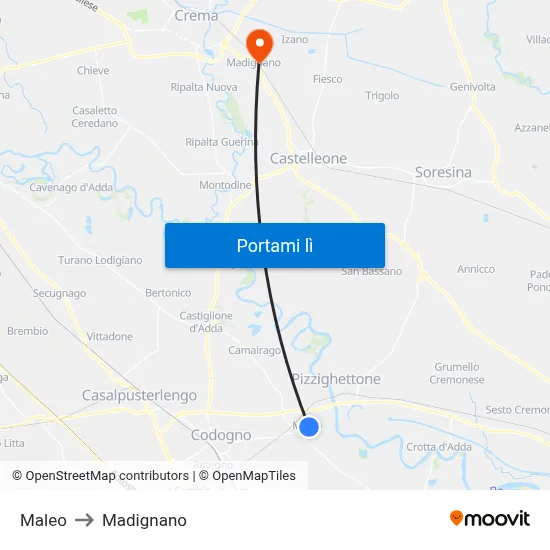 Maleo to Madignano map