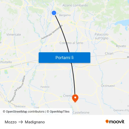 Mozzo to Madignano map