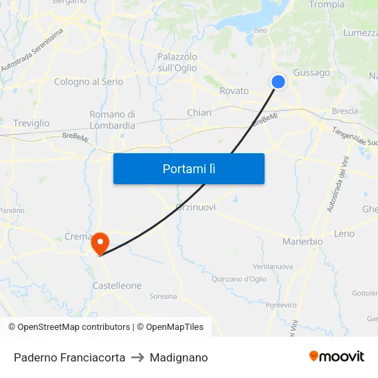 Paderno Franciacorta to Madignano map