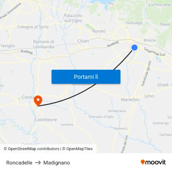 Roncadelle to Madignano map