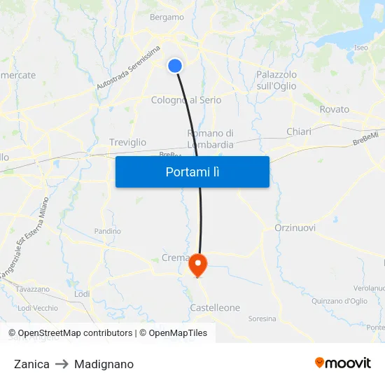 Zanica to Madignano map