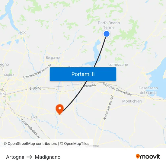 Artogne to Madignano map