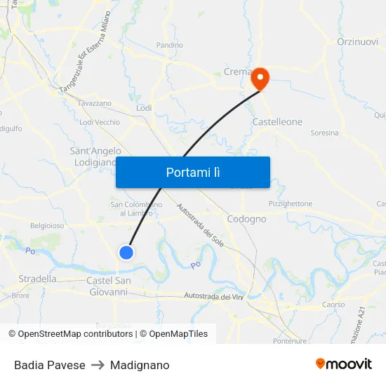 Badia Pavese to Madignano map