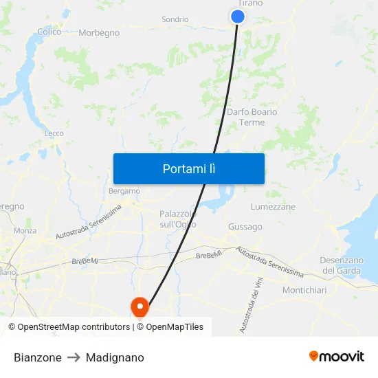 Bianzone to Madignano map