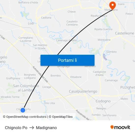Chignolo Po to Madignano map