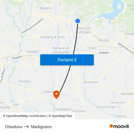 Chiuduno to Madignano map