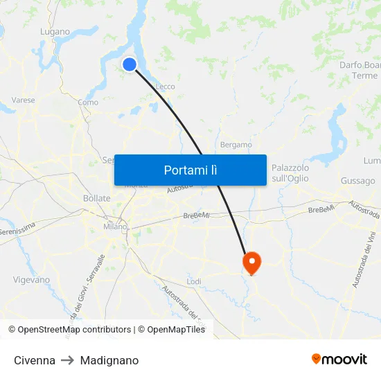 Civenna to Madignano map