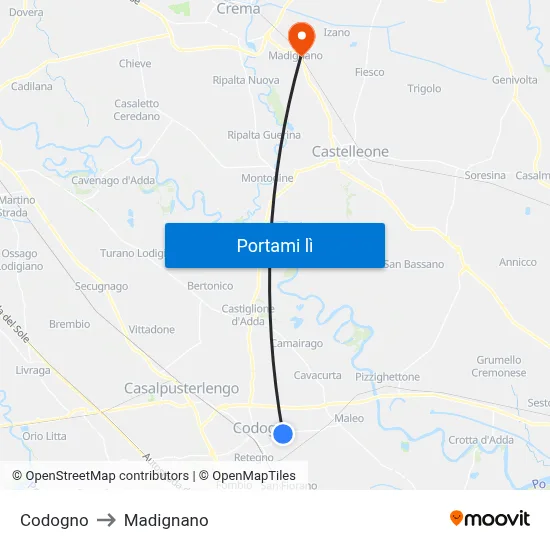 Codogno to Madignano map
