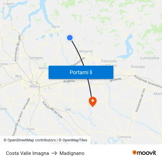Costa Valle Imagna to Madignano map