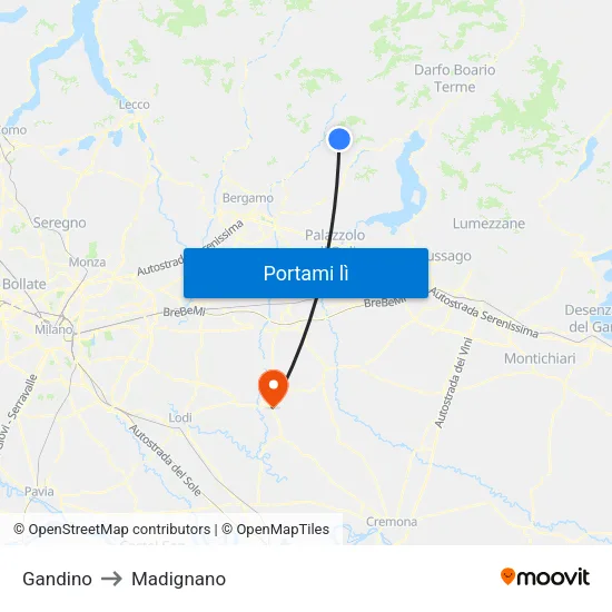 Gandino to Madignano map