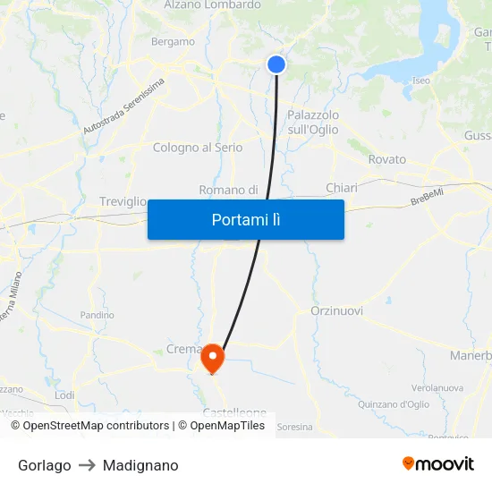 Gorlago to Madignano map