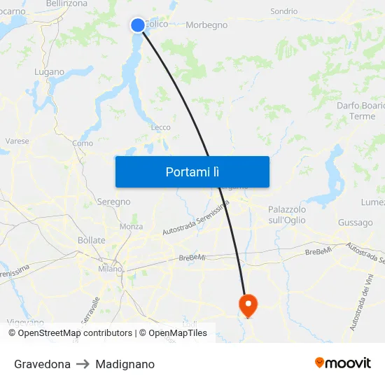 Gravedona to Madignano map