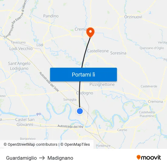Guardamiglio to Madignano map
