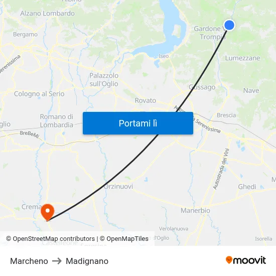 Marcheno to Madignano map