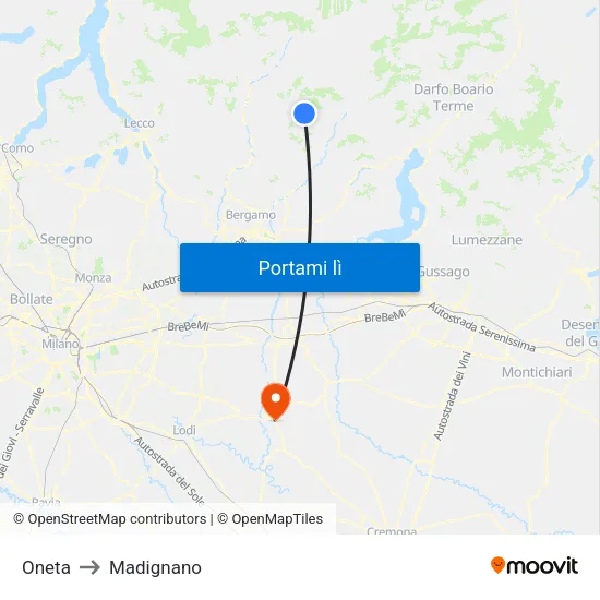 Oneta to Madignano map