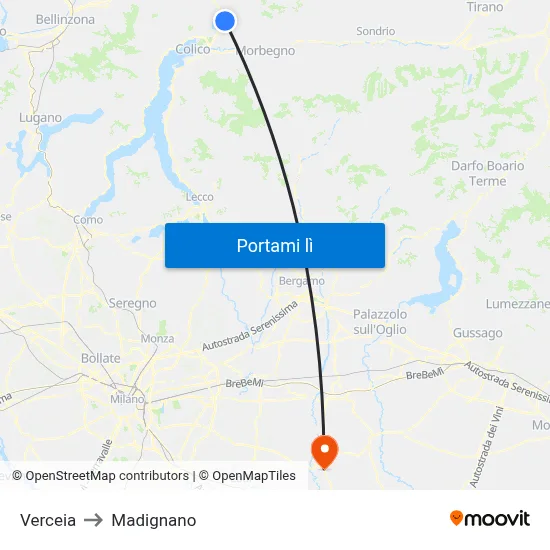 Verceia to Madignano map