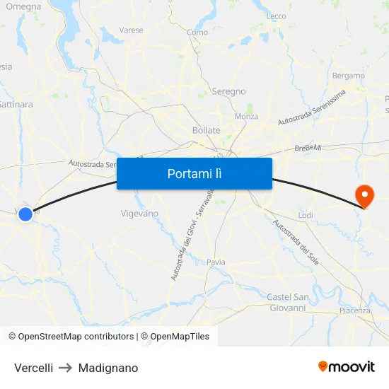 Vercelli to Madignano map