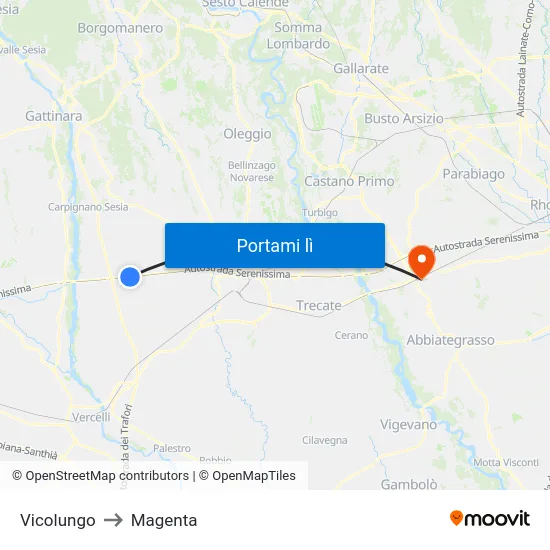 Vicolungo to Magenta map