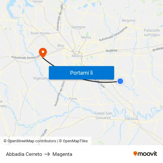 Abbadia Cerreto to Magenta map