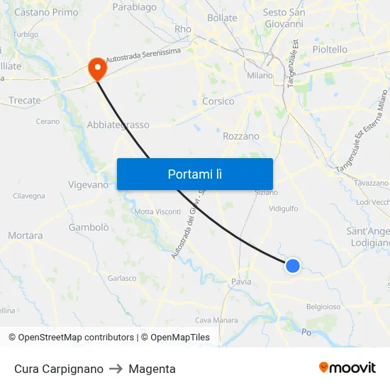 Cura Carpignano to Magenta map