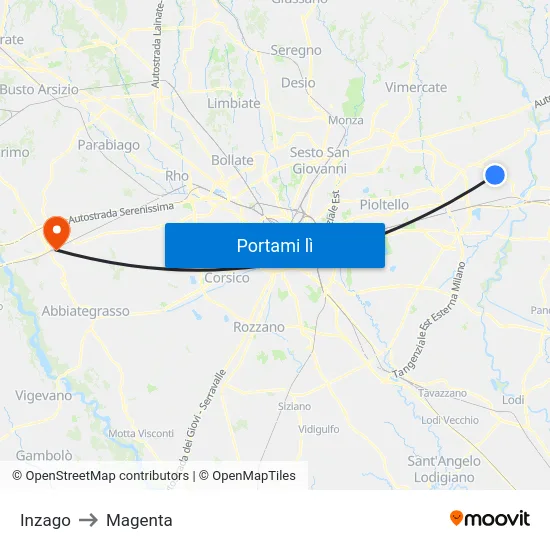 Inzago to Magenta map