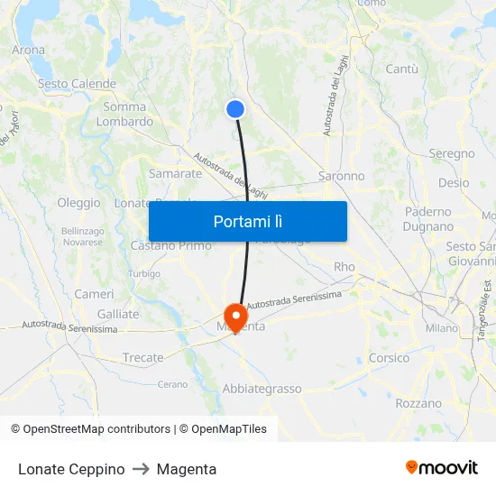 Lonate Ceppino to Magenta map