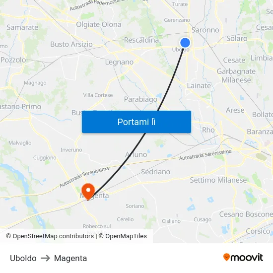 Uboldo to Magenta map