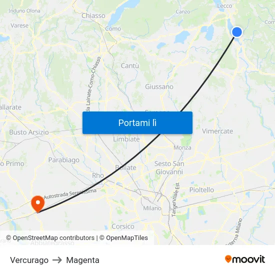 Vercurago to Magenta map