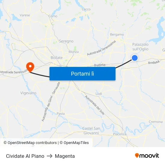 Cividate Al Piano to Magenta map