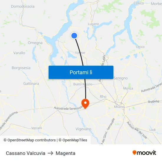 Cassano Valcuvia to Magenta map