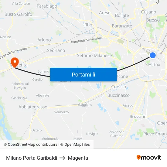 Milano Porta Garibaldi to Magenta map