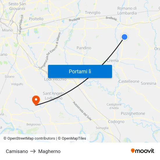 Camisano to Magherno map