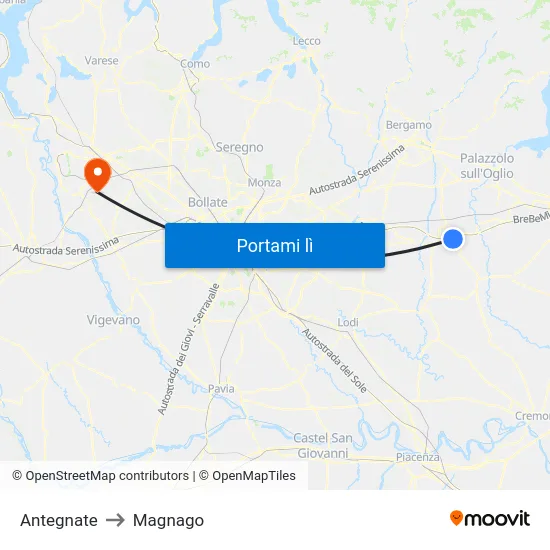 Antegnate to Magnago map