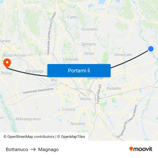 Bottanuco to Magnago map
