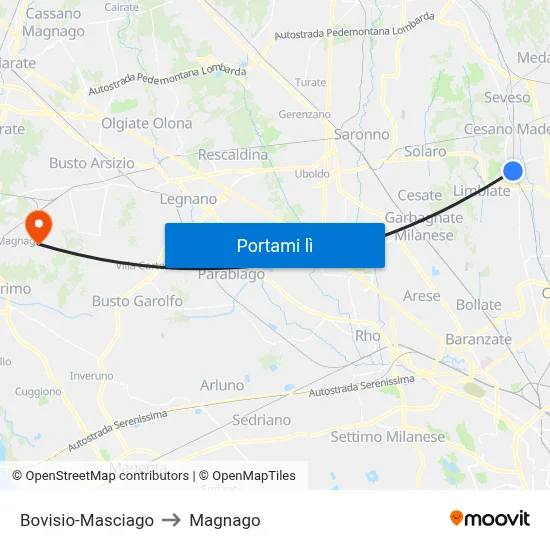 Bovisio-Masciago to Magnago map