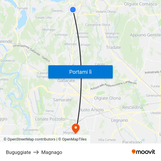 Buguggiate to Magnago map