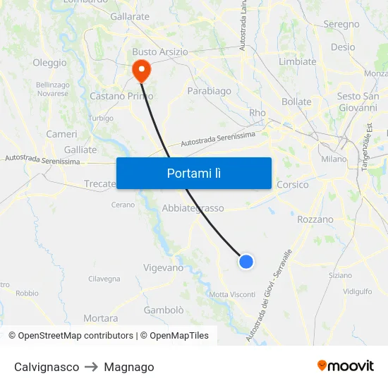 Calvignasco to Magnago map