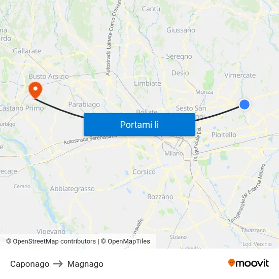 Caponago to Magnago map