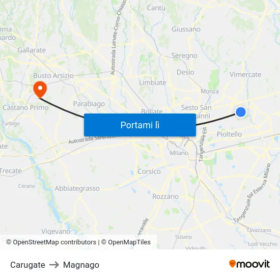 Carugate to Magnago map