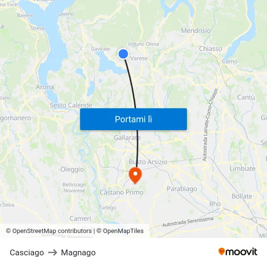 Casciago to Magnago map