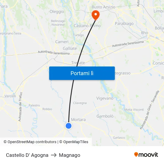 Castello D' Agogna to Magnago map