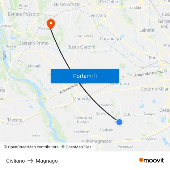 Cisliano to Magnago map