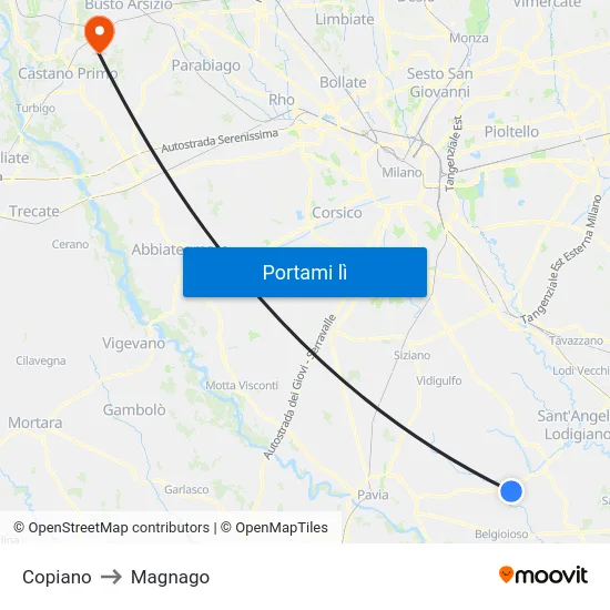 Copiano to Magnago map