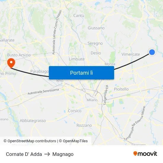Cornate D' Adda to Magnago map