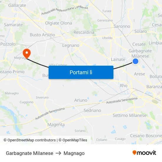 Garbagnate Milanese to Magnago map