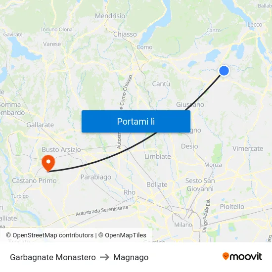 Garbagnate Monastero to Magnago map