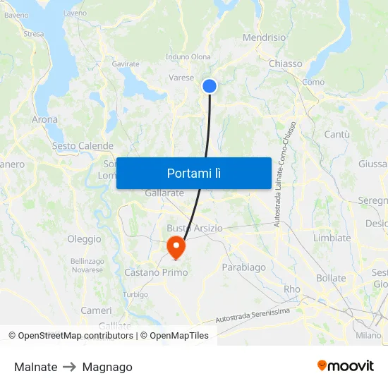 Malnate to Magnago map