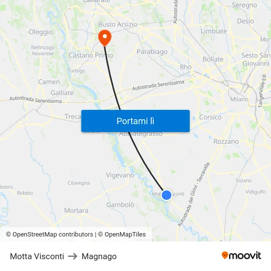 Motta Visconti to Magnago map