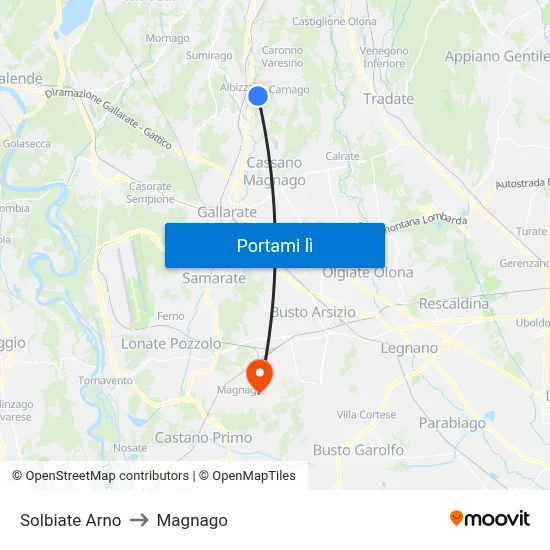 Solbiate Arno to Magnago map